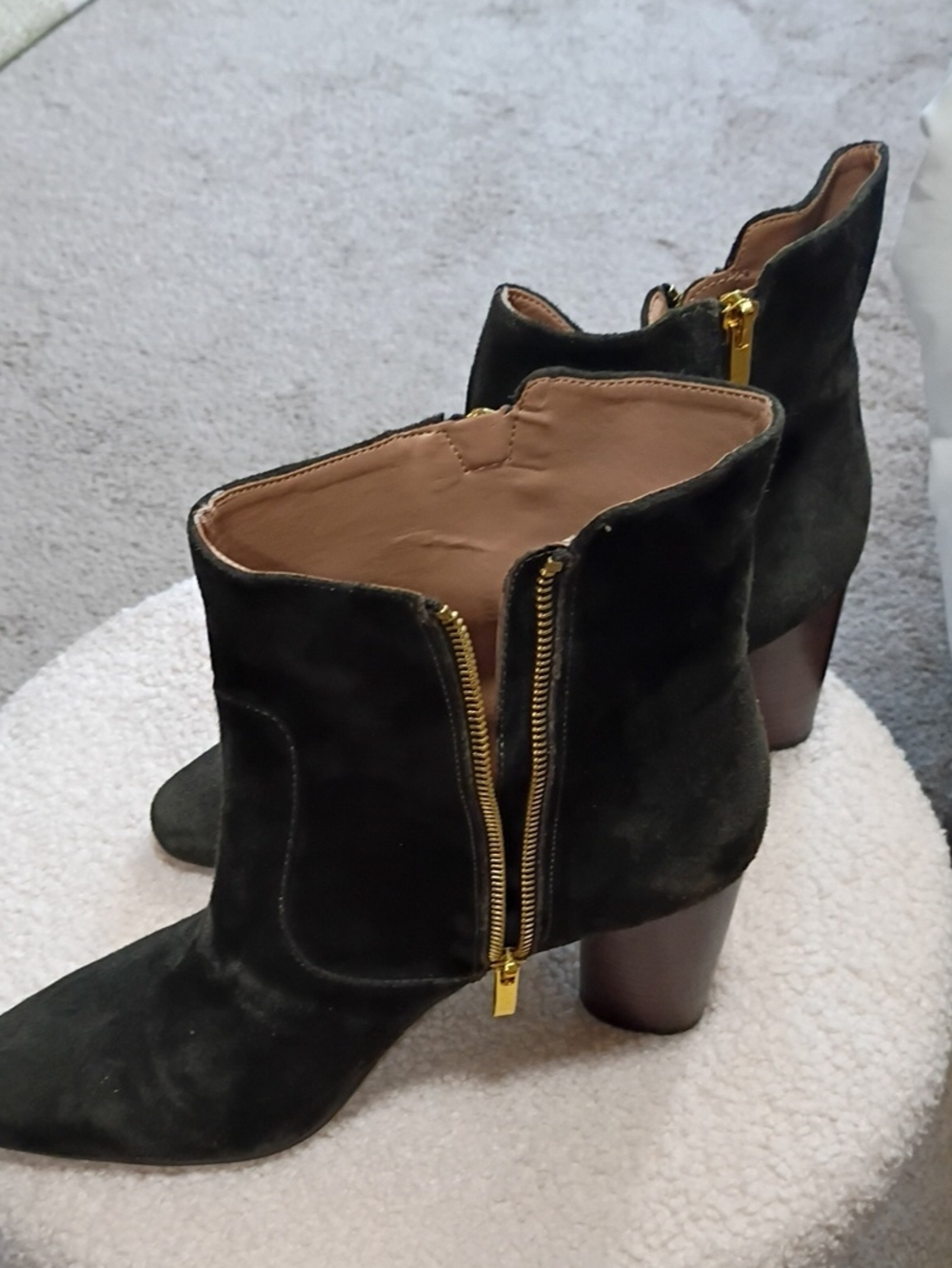 AEROSOLES Dark Green Genuine Suede Ankle Booties with Gold Zippers